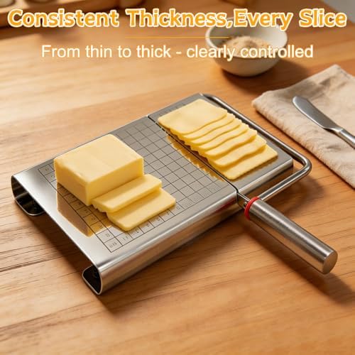 Cheese Slicer, Stainless Steel Cheese Cutter Board and Measuring Grids, Multipurpose Cheese Cutter for Block Cheese, Butter, Sausages, Fruits Kitchen Gadget Cheese Tool