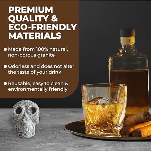 Hand Carved Granite Whiskey Stone Skulls for Whiskey Lovers - Set of 4 Whiskey Stones for a Chilled Drink Every Time