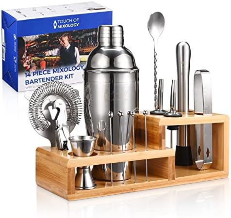 14PC Bartender Kit - Silver Cocktail Shaker Set - All Barware Essentials for Drink Mixing Includes Stand, Martini Shaker, Jigger, Strainer, Mixer Spoon, Muddler, Liquor Pourers, Touch of Mixology