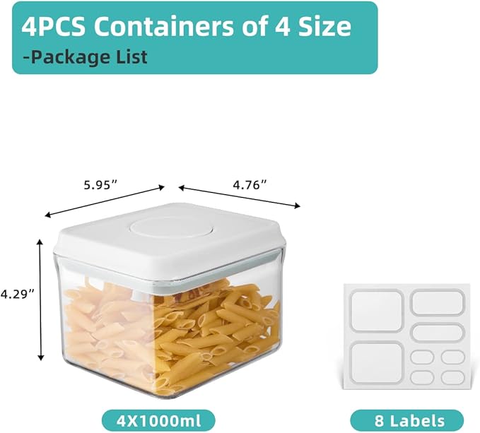 Airtight Container Set (1000ml 4 Pcs) Stackable One Press Openning Food Containers for Snacks Sugar Salt Herbs Spices Coffee Bean Formula Popcorn BPA-Free Tight Seal - Clear (1.0 QT * 4)