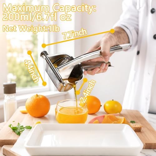 Lemon Squeezer, 304 Food Grade 18/8 Stainless Steel Manual Juicer with Ergonomic Grip, Silver