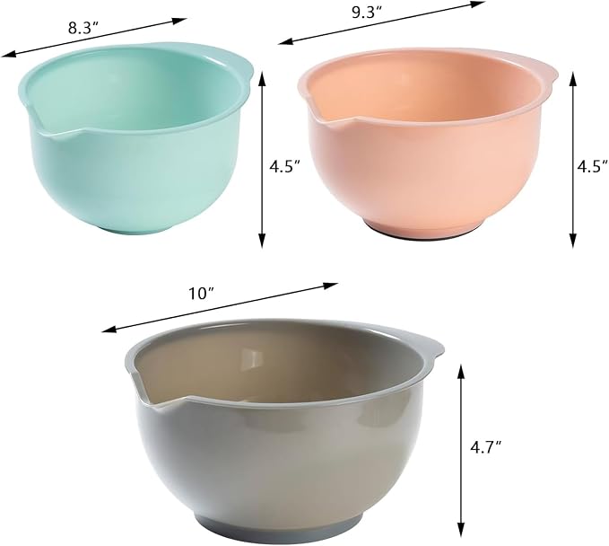Nesting Plastic Mixing Bowls, Set Of 3, 1.5 quart, 2 quart, 2.5quart, Nesting Bowls with Non Slip Base and Easy Pour Spout, Dishwasher Safe (Green Pink Grey)