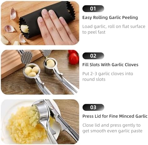 Multi-Purpose Garlic Press Nut Cracker Kitchen Tool, Large Caliber Thickened Zinc Alloy Mincer Squeezer, Precise Holes for Fine Paste, Dishwasher Safe with Peeler & Cleaning Brush (Silver - 3set)