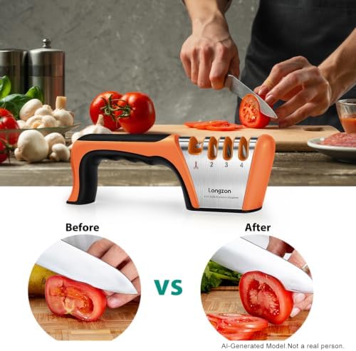 Longzon 5-in-1 Knife Sharpener 4 Stage and Cut-Resistant Glove,Black+Orange