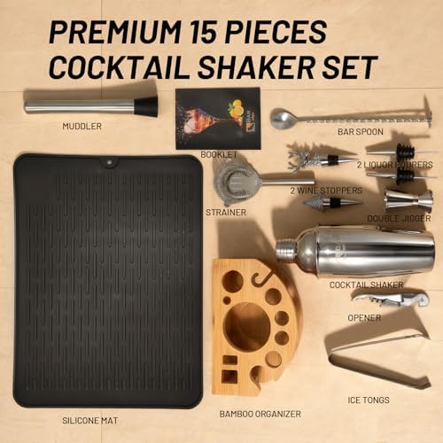 Silicone Pad Included Cocktail Shaker Set Bartender Kit,Mixology Bartender Kit 13-Piece with Bamboo Stand,Martini Shaker Kit with All Essential Accessory Tools for Drink Mixing Gift for him or her