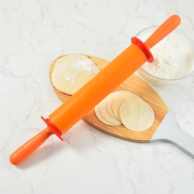 Adjustable Rolling Pin with Thickness Rings for Baking Cookie Chapati Fondant Dough Pastry Pizza Pie Crust Silicone Roller Pin 17.7 Inches with 4 Thickness Rings (Orange)
