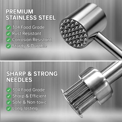 2Pcs Meat Tenderizer Tool Set - Stainless Steel Needle Tenderizer & Dual Sided Meat Hammer, Meat Pounder Flattener Chicken, Meat Beater for Steak & Beef, Chicken Pounder Kitchen Mallet for Cooking