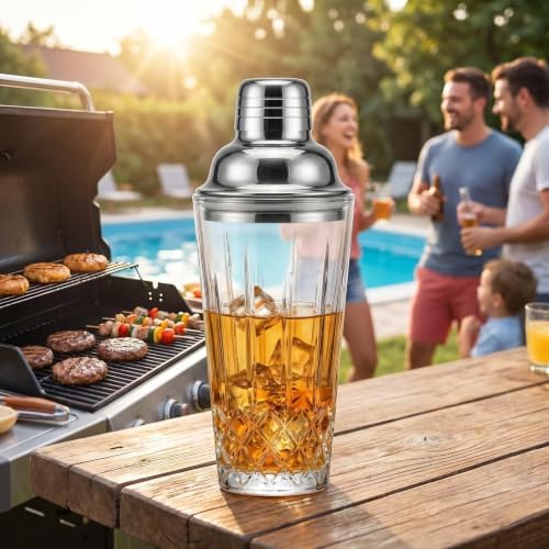 Cut Crystal Glass Cocktail Shaker - 15oz Lead-Free Crystal Shaker with Steel Strainer Lid - Premium Barware for Home Bartenders - Ideal for Mocktail, Espresso, Margarita, Martini Cocktails