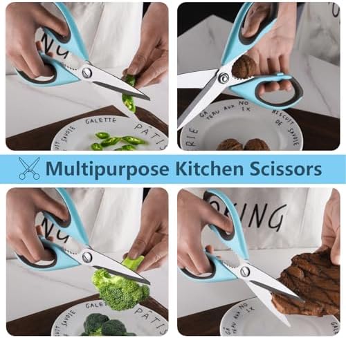 2 Pack Heavy Duty Scissors Kitchen Shears with Magnetic Holder,Dishwasher Safe Stainless Steel Meat Cooking Shears,Multifunctional All Purpose Sharp Scissors Set for Food,Meat,BBQ,Pizza(Blue,Green)