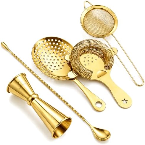 Homestia 5 Pcs Cocktail Strainer Set, Stainless Steel Bar Tools Set, Gold