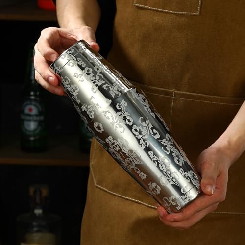 Stainless Steel Boston Shaker with Etched Pattern Weighted Shaking Tin Set (Leaf Silver)