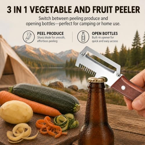 2026 Upgrade 3 in 1 Vegetable Peeler with Scallion Shredder & Bottle Opener, Professional Stainless Steel Potato Peeler with Ergonomic Wood Handle, Rust-Resistant & Heavy Duty Kitchen Tool (1)