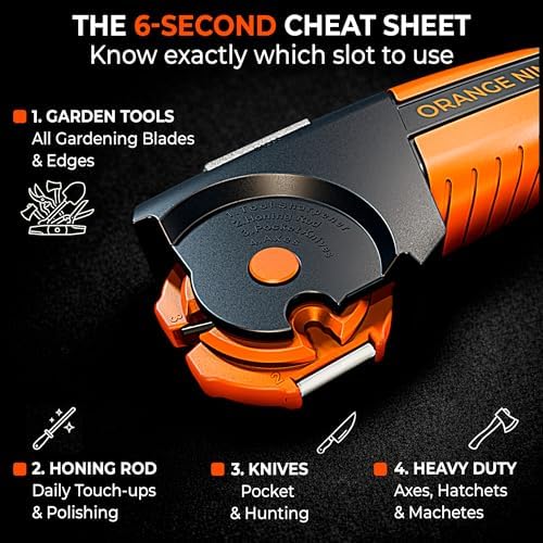 Orange Ninja 7-in-1 Garden Tool & Knife Sharpener – Sharpens Axe, Hatchet, Machete, Pruner & Shears – One Tool for All Your Outdoor Blades – Gift for Gardeners (Pack of 2)