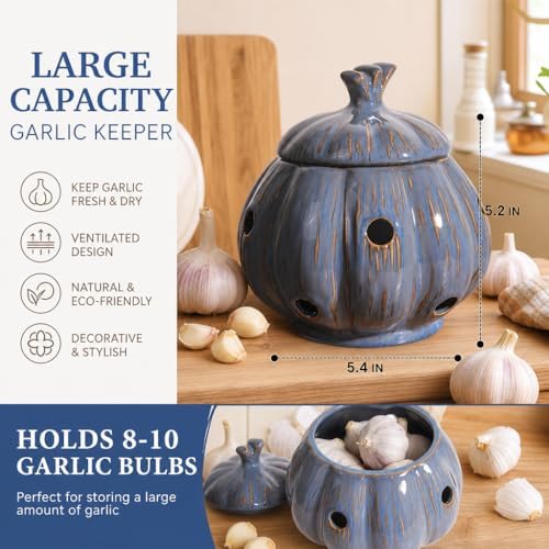 Ceramic Garlic Keeper Storage Holder Jar with Lid, Kitchen Countertop Large Garlic Canister Cellar Saver Holder Crock Container. (Blue)