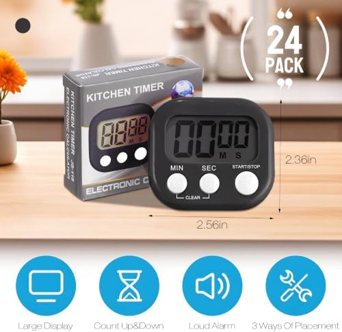 Leumoi 24 Pcs Digital Kitchen Timers Bulk Timer for Classroom, Black