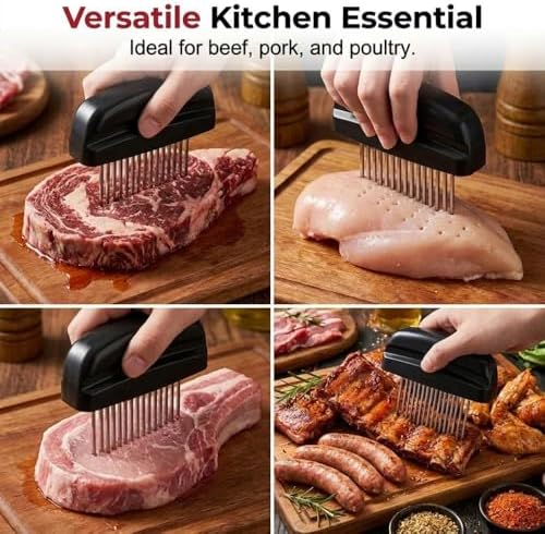 Meat Tenderizer Tool with 48 Stainless Steel Needle Blades, Spring Loaded Meat Tenderizer, Handheld Blade Meat Tenderizer for Steak, Beef, Chicken, Pork, BBQ Grill Kitchen Gadgets (White*2pcs)