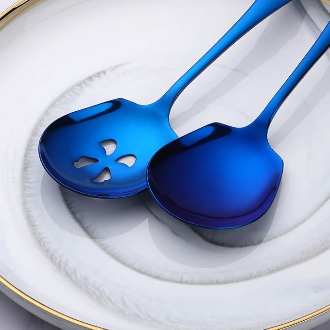 Meisha Serving Spoons Set, 3 Serving Spoons and 3 Slotted Serving Spoons, Blue Stainless Steel Serving Utensils for Buffet Can Banquet Cooking Kitchen - Mirror Polished