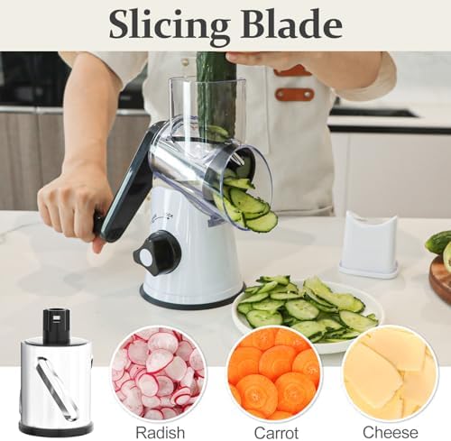 Cambom Rotary Cheese Grater Hand Crank Cheese Shredder for Fresh Cheese, Vegetable, Nuts,Non-slip Suction Base, Three Blades, Black White