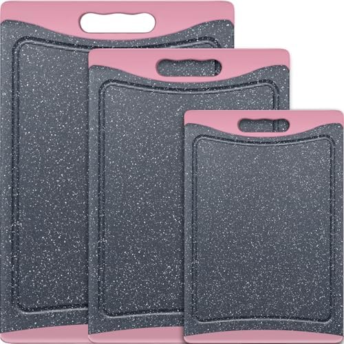 Extra Large Cutting Boards, Plastic Cutting Boards for Kitchen (Set of 3) Cutting Board Set Dishwasher Chopping Board with Juice Grooves Easy-Grip Handles, Pink, Empune