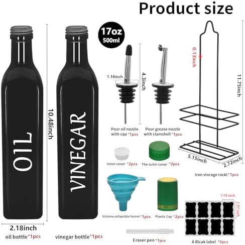 Farmhouse Oil and Vinegar Dispenser Set, 17 oz, beautiful olive oil dispenser, includes a black steel rack and a funnel, vintage cruets for vinegar and oil (Black)
