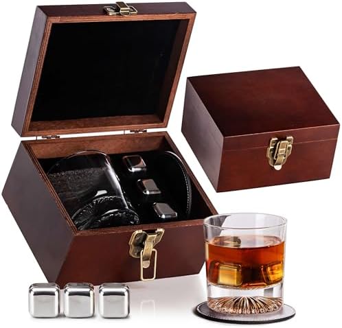 Whiskey Gift Set, Glass, Leather Coaster, Stainless Steel Stones, Box