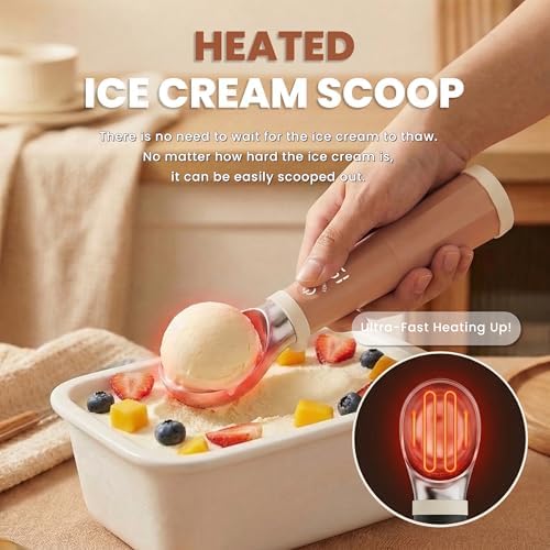 NEWKITCHEN Heated Ice Cream Scoop, Electric Ice Cream Scooper Rechargeable Heats -158℉, LED Display, 2600mAh Capacity Removable Battery, for Hard Ice Cream, Frozen Yogurt, Sorbet,Gelato, Light Caramel