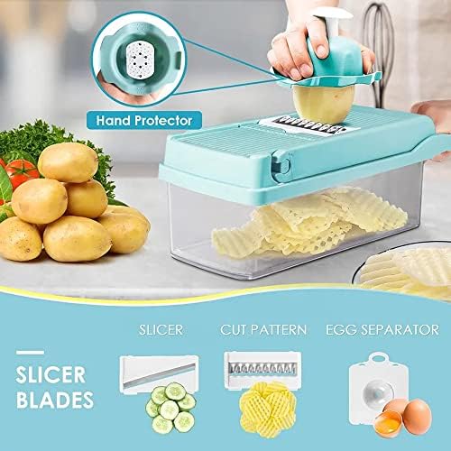Bohai Food Chopper Vegetable-Fruit-Cheese-Onion Dicer Tomato Cutter Grater 12 in 1 Veggie Spiralizer Salad Potato Slicer with Container Multi-function Kitchen Aid Carrot Light Blue