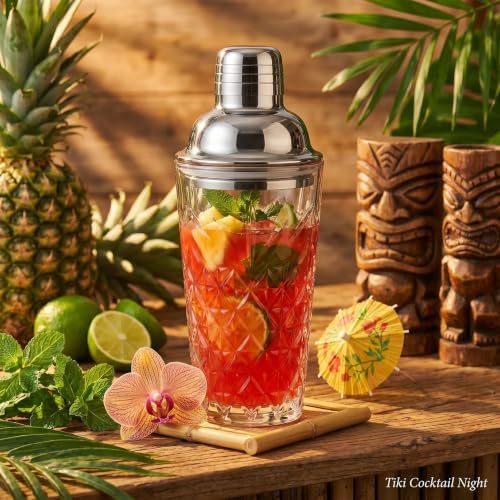 Elegant Glass Cocktail Shaker Set - Herringbone Design, 15oz Capacity, Leakproof Stainless Steel Top - Perfect for Bartending Enthusiasts
