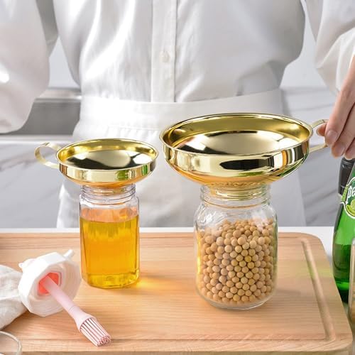 Stainless Steel Funnel Set, 5 Pieces Gold Metal Funnel with A Side Handle Kitchen Oil Liquid for Canning Kitchen Tools