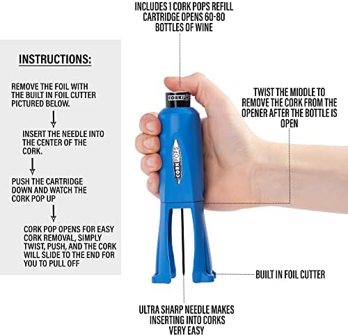 Cork Pops Legacy Wine Opener Built-in 4-Blade Foil Cutter Safe Cork Removal, Effortless Push Button Use, Needle Guard for Safety, Low-Pressure Cartridge Opens Up To 60 (Blue, With 3 Cartridges)