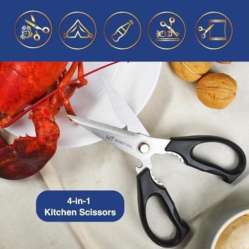 PROFESSIONAL KITCHEN SHEARS, Heavy Duty Food & Poultry Meat Scissors, MINGTOOL Serrated Blade with Premium Japanese Steel Material, Expert Grade Cutter for Bone, Crab Legs, Lobster, & Herbs.