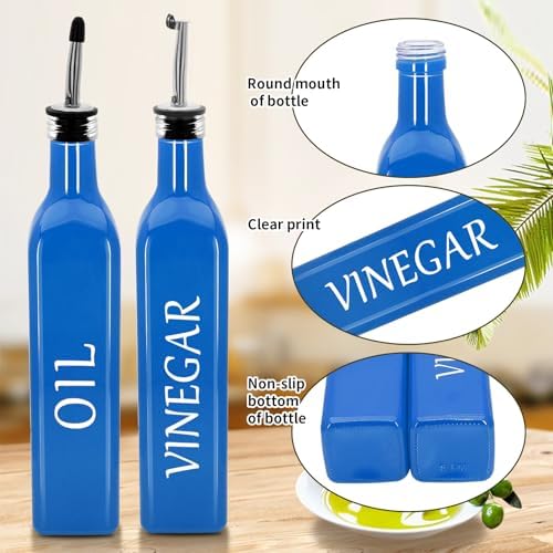 Olive Oil Dispenser Bottle,2 Pcs 17oz 500ml Glass O il and Vinegar Dispenser Set with 2 Stainless Steel Pourers, 8 Labels,Funnel Vinegar Bottles for Kitchen (Blue)