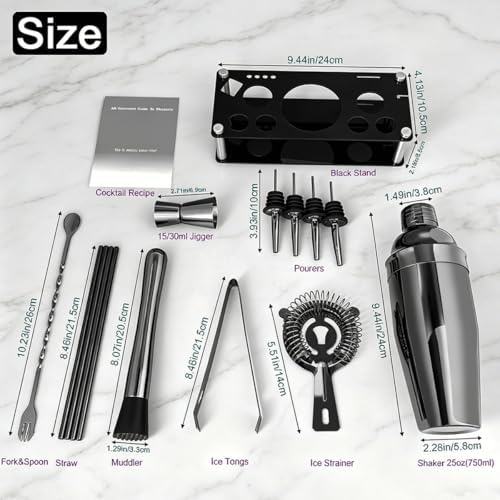 14-Piece Cocktail Shaker Set with Stand, Bartender Kit, 25oz Shakers, Bar Set Cocktail Shaker Set, Jigger for Bartending Kit, Drink Mixer Set, Cocktail Set Recipes Booklet Home, Bar, Party (Black)