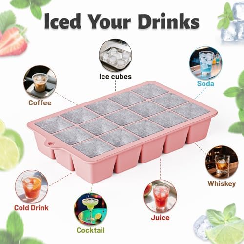 Silicone Ice Cube Tray 3 Pack - EASY RELEASE ice cube tray with lid, BPA Free Ice Cubes Trays for Freezer,ice cube mold for Cocktail,Whiskey (Purple +Pink+Mint)