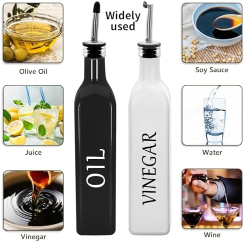Olive Oil Dispenser Bottle,2 Pcs 17oz 500ml Glass O il and Vinegar Dispenser Set with 2 Stainless Steel Pourers, 8 Labels,Funnel Vinegar Bottles for Kitchen (Black Oil & White Vinegar)