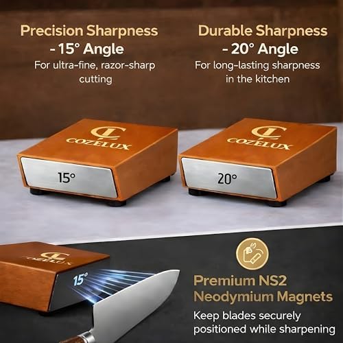 Rolling Knife Sharpener Kit - 400 & 3000 Grit Diamond & Ceramic Discs, 15° & 20° Magnetic Angle Guide knife sharpening kit with Leather Strop