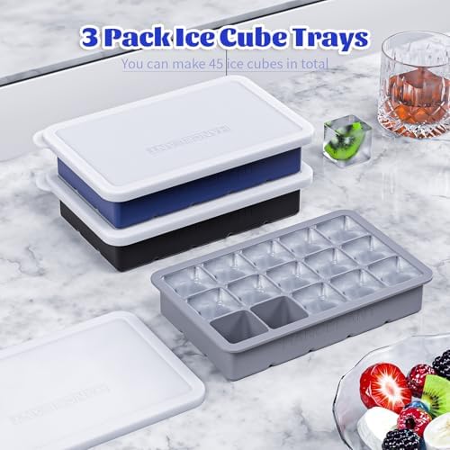 Silicone Ice Cube Tray 3 Pack, HANCELANT Ice Cube Mold, Ice Trays for Freezer with Lid for Whiskey, Cocktail, Drinks and Food, Freezer, BPA Free, Easy Release