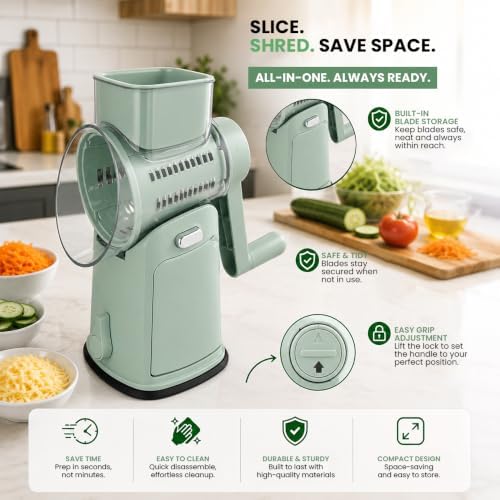 Rotary Cheese Grater Hand Crank, 5-Blade Shredder with Handle, Vegetable Slicer Mandoline Food Chopper, Strong Suction Base Kitchen Gadget for Cheese Vegetables Nuts – Green