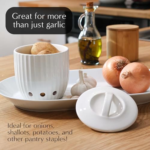 Ceramic Garlic Keeper - Upgraded Packaging! Dishwasher Safe Garlic Holder w/ Lid - Vegetable Storage Keeper w/ Holes for Keeping Veggies Fresh - Modern Countertop Storage Containers for Cooking Lovers