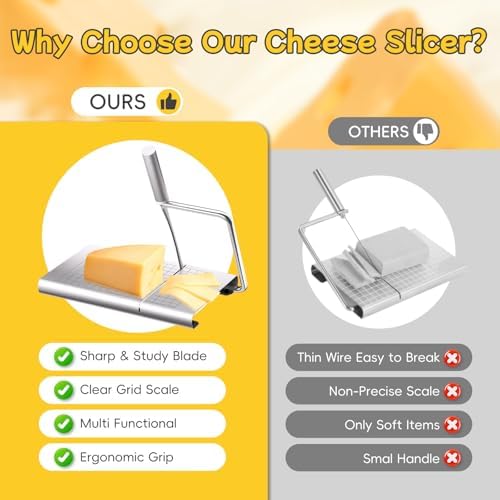 Heavy Duty Cheese Slicer for Block Cheese with 6Pcs Cheese Knife Set, Stainless Steel Cheese Cutter Board with Precise Measuring Grid and Non-Slip Feet, Dishwasher Safe