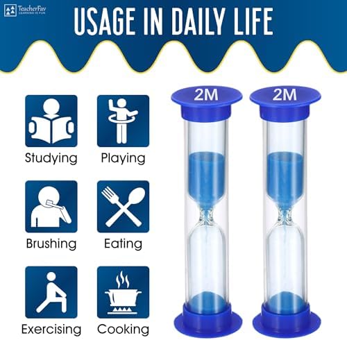 Sand Timer for Kids - 2 Minute Set of 4 Hour Glass -Blue Color- Acrylic Covered for Classroom, Home & Kids Room