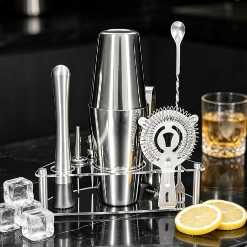 9-Piece Cocktail Shaker with Stand, 25oz Bartender Kit, Cocktail Shaker with Strainer Set, Boston Shaker Set, Bar Set Jigger for Bartending Drink Mixer Set, Cocktail Set Recipes (Silver-25/20oz)