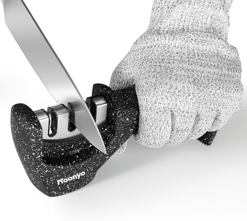 3-Stage Knife Sharpener with Cut-Resistant Glove - Restores, Refines, and Polishes Knife Edges; Ergonomic, Ambidextrous Handle with Non-Slip Base (Granite Black)
