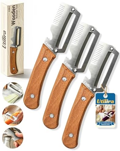 Shredder - 3-in-1 Multifunctional Vegetable Peeler with Bottle Opener & Julienne Shredder, Wide Stainless Steel Blade and Non-slip Wooden Handle, Peeler Knife for Fruits, Vegetables (3pcs)