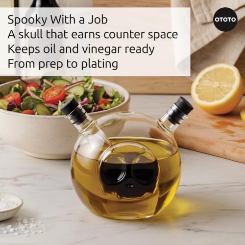 OTOTO 2-in-1 Glass Oil and Vinegar Cruet - Skull Oil Dispenser and Vinegar Bottle, Salad Dressing Dispenser, Bread Dipping, Spooky Kitchen Gifts, Unique Kitchen Gadgets (Skully-Olio)