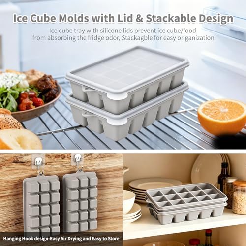 Silicone Ice Cube Trays, Easy Release Ice Cube Molds with Removable Lid, Freezer Stackable Ice Trays for Whiskey, Cocktail, Drinks and Food, Freezer, BPA Free
