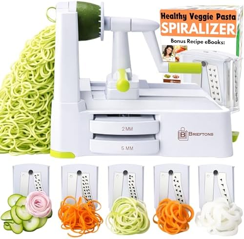 Brieftons 5-Blade Vegetable Spiralizer & Veggie Noodle Maker: Japanese 420-Grade Steel Blades for Zucchini Pasta, Sweet Potato & Beet Noodles, Strong Suction Pad, 4 Recipe eBooks | Keto Vegan Paleo