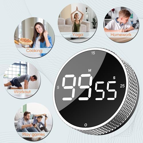 Digital Kitchen Timer - Magnetic Countdown Count Up Clock with Large LED Display, 5/15/25 Min Presets, 3 Volume Levels, Rotary Dial for Cooking, Productivity, Classroom, Fitness (2, Silver)