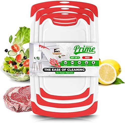 Plastic Cutting Boards for Kitchen, with Grips – Set of 3 Dishwasher-Safe, Non Slip Cutting Board with Juice Groove – Thick, Durable Cutting Boards for Meat and Vegetables by My Prime Kitchen, Red