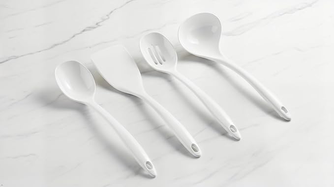 Reston Lloyd 100% Melamine Kitchen Utensil Set, Non Scratching Ladle, Spoon, Slotted Spoon & Spatula, Easy To Hold, Set of 4, White